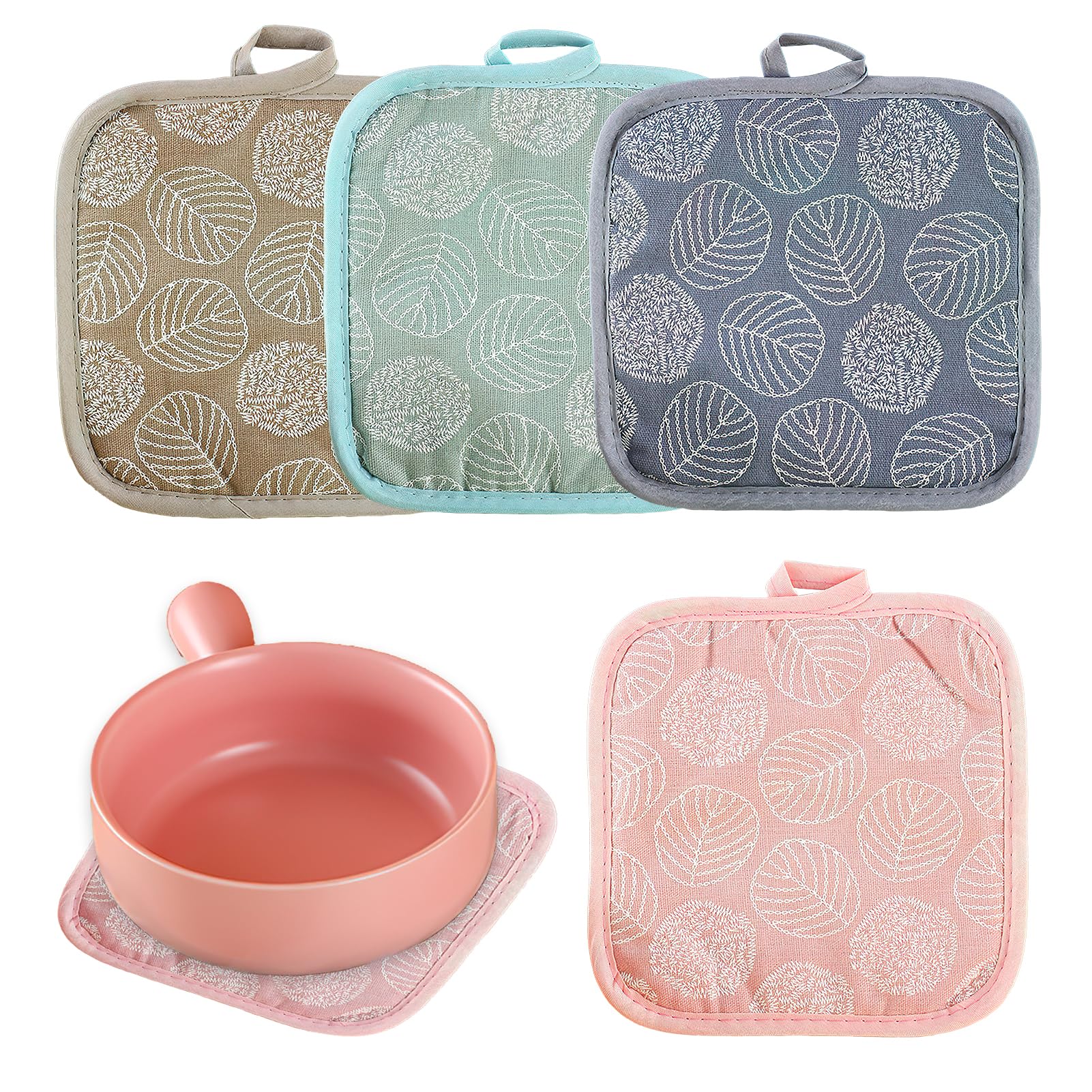 4 PCS Cotton Pot Holders, 17 cm Oven Pot Holders Heat Resistant With handle Oven Squares Cotton Mitts Against High Heat and Prevent Burns Thick & Safe for Grilling Cooking Baking Microwave