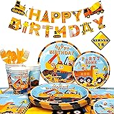 128pcs Construction Birthday Supplies Tableware for 16 Guests, Construction Birthday Party Plates Cups Napkins Tablecloth Banner etc for Dump Truck Excavator Construction Party Decorations