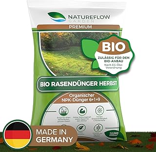 Natureflow Premium Organischer Herbstrasendünger - 12,5kg Bio Rasendünger Herbst für einen Kräftigen, Winterfesten, Gesunden Traumrasen - NPK Dünger 6+1+9 für Strapazierfähigkeit und Winterhärte