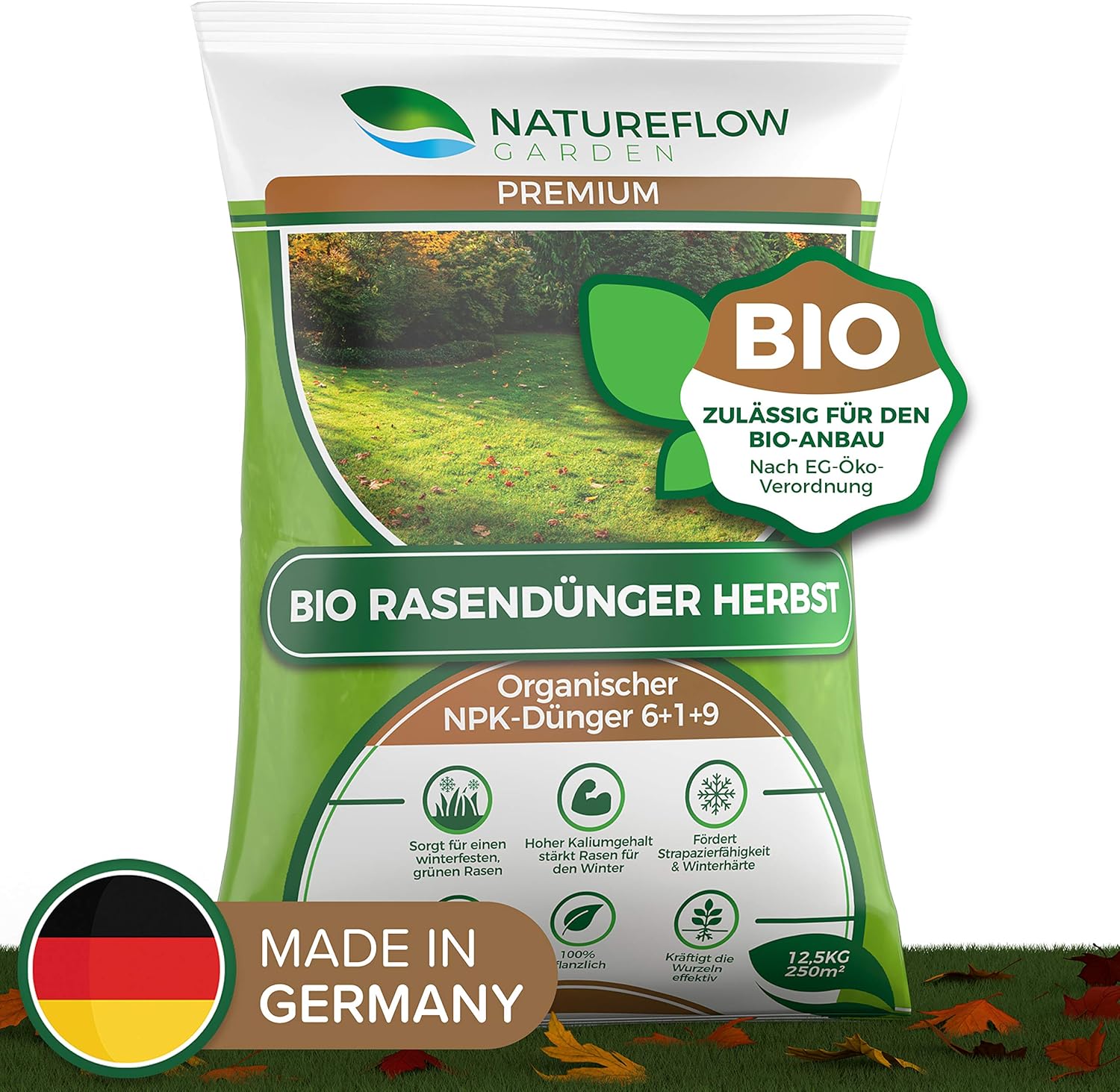 Natureflow Premium Organischer Herbstrasendünger - 12,5kg Bio Rasendünger Herbst für einen Kräftigen, Winterfesten, Gesunden Traumrasen - NPK Dünger 6+1+9 für Strapazierfähigkeit und Winterhärte