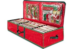 ZOBER Gift Wrapping Paper Organizer Storage - 40" Gift Wrap Storage Containers With Interior Pockets For Bows, Tags & Ribbons - Wrapping Paper Holder, Waterproof, Fits 24 Standard Rolls, Red