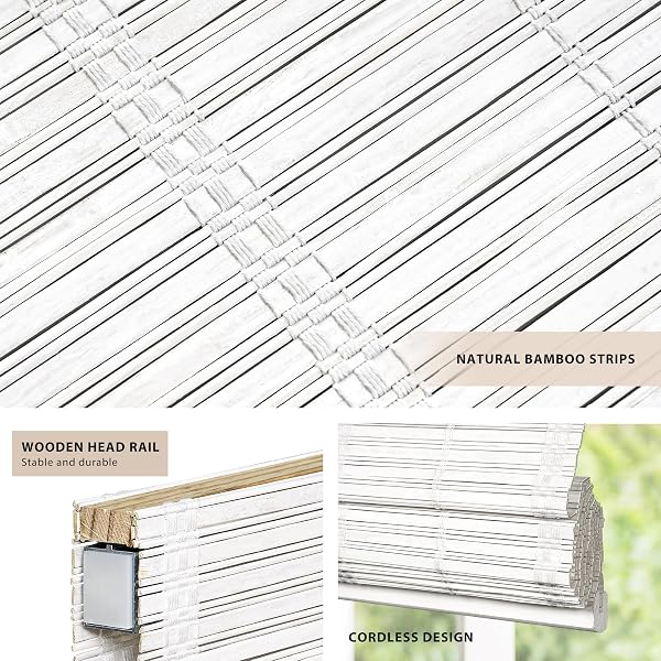 LAZBLINDS NO TOOLS NO DRILL CORDLESS BAMBOO ROMAN SHADES, LIGHT FILTERING WINDOW TREATMENT, ROLL UP BAMBOO BLINDS FOR WINDOWS 23” W X 64” H, WHITEWASH T