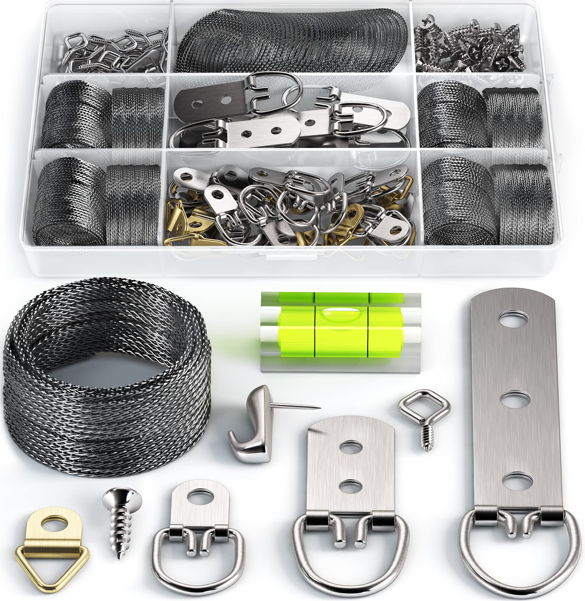 Picture Wire Hanging Kit 100+ Pieces - D-Ring, Screws, Hanging Hooks,Level. Supports up to 50 lbs 120+ Feet(38 M) Stainless Steel Wire Hanger | Comes with Solid Box