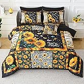 JQinHome Sunflower Comforter Set Queen for Girls Women,8 Piece Bed in A Bag 3D Black Sunflower Theme Butterfly Bedding Set with Sheet Set(Black)