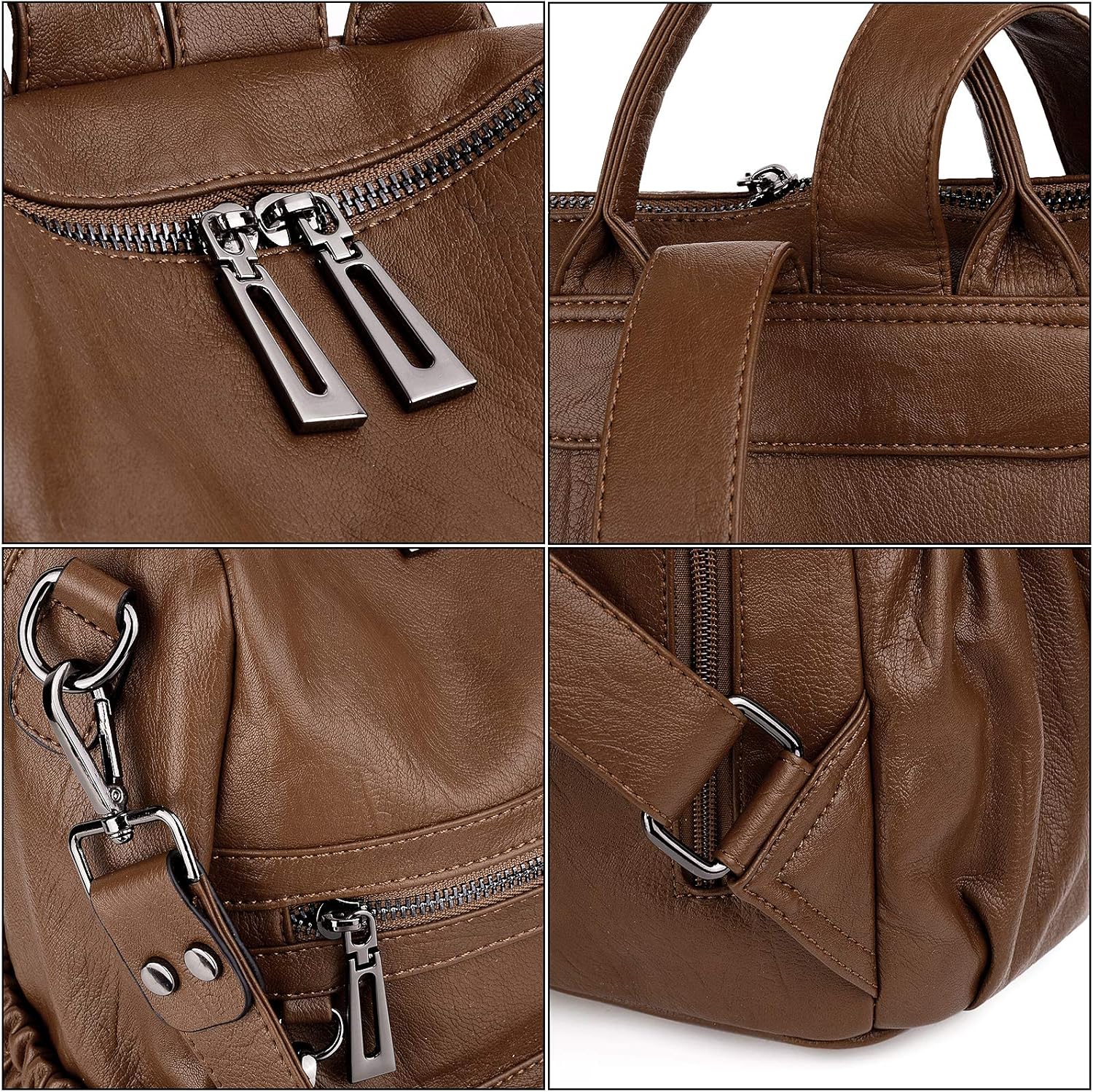 UTO Travel Backpack Women Mother Mum Laptop Rucksack School Bag for Teenage Girls Multi Zipper Pocket with Detachable Pouch PU Leather Brown - Image 5