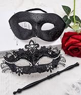 SIQUK Couple Masquerade Masks Phoenix Tail Black Venetian Party Halloween view 4