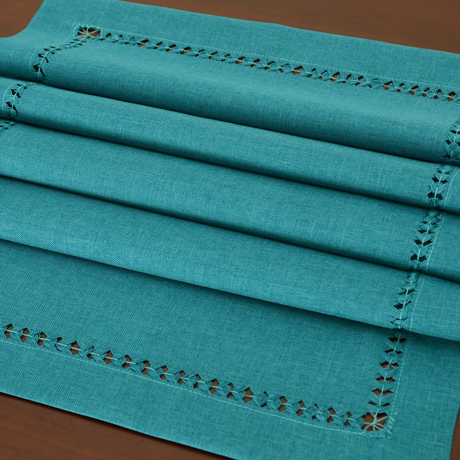 Handmade Hemstitch Teal Table Runner Dresser Scarf, Rectangular 14 By