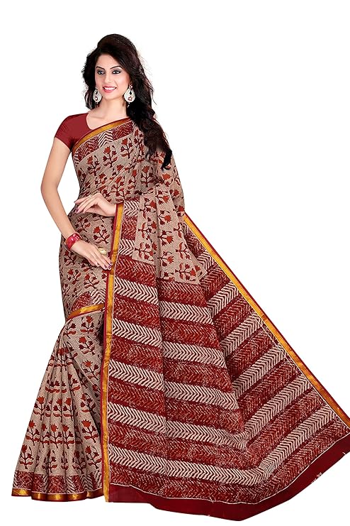 Women's Pure Cotton Saree Without Blouse Piece (8012_ZARI, Maroon and Beige)