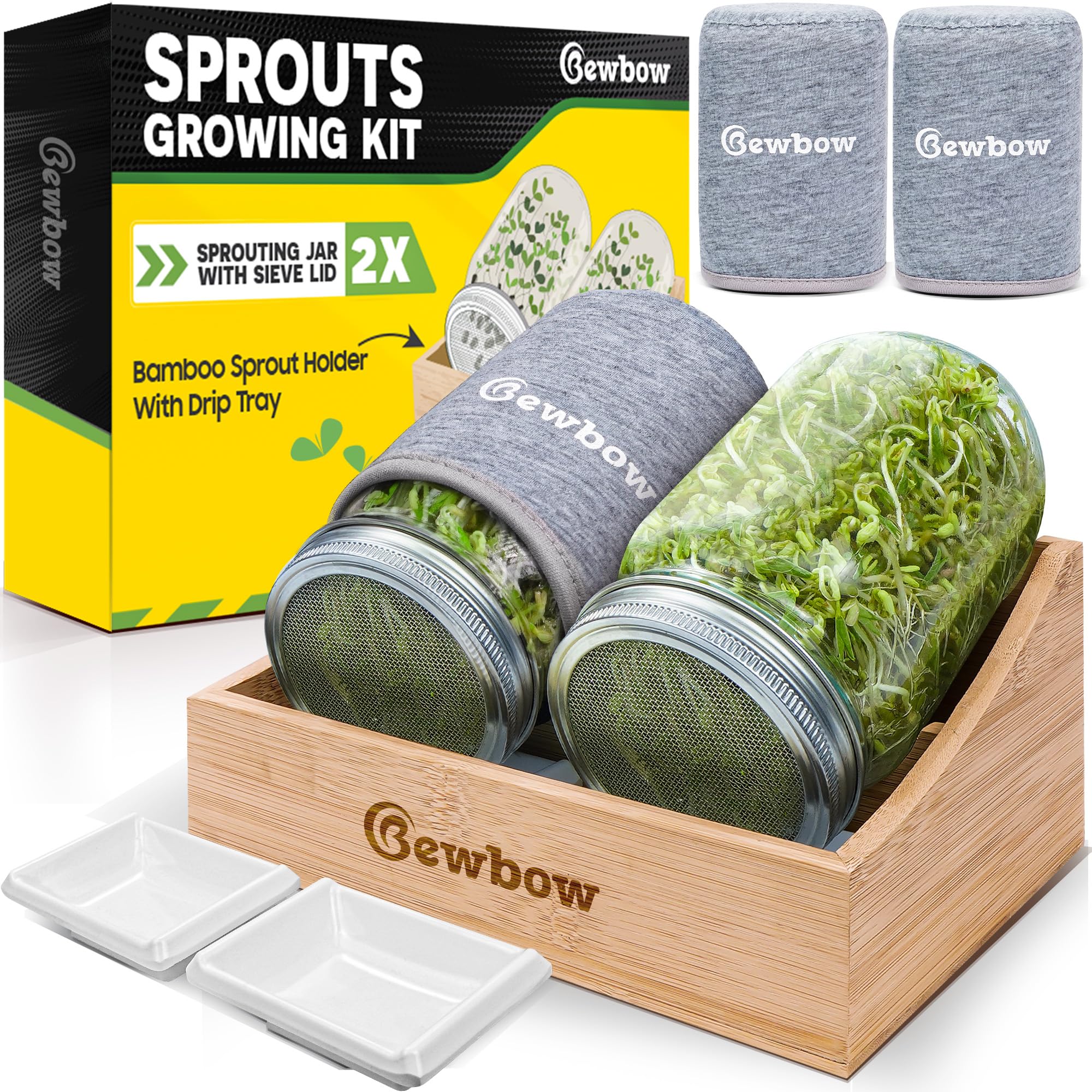 Photo 1 of [Premium] Seed Sprouting Jar Kit with Bamboo Holder, 2 PCS Mason Jars, Drain Tray, Screen Lids, Blackout Sleeves, Good Ventilation & Drainage Capacity, Growing Fresh Organic Mung Beans & Microgreens