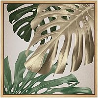 SIGNWIN Framed Canvas Wall Art Gold, Green and Yellow Monstera Deliciosa Leaves Botanical Plants Digital Art Modern Art Tropical Closeup Colorful for Living Room, Bedroom, Office - 16x16 inches