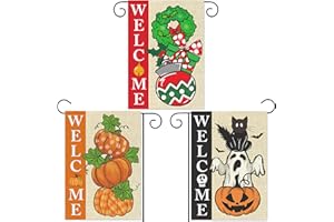 BWKOSS 3Pcs Holiday Garden Flags Fall Pumpkin Welcome Flag Christmas Monsters Tree Banners Burlap Yard Signs Vertical Double Sided House Flags Seasonal Festive Decors for Outdoor Lawn, 12 x 18 inch
