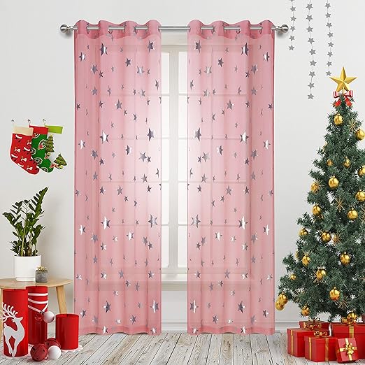 Amazon Com Gold Dandelion Pink Star Print Curtains Sheer Window