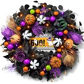 Vivimemo 24'' Halloween Wreath for Front Door with Orange Purple Lights | Gothic Spooky Decor with Orange Pumpkins, Ghost, Roses, Boo Wooden Sign and Dark Leaves for Indoor & Outdoor Porch