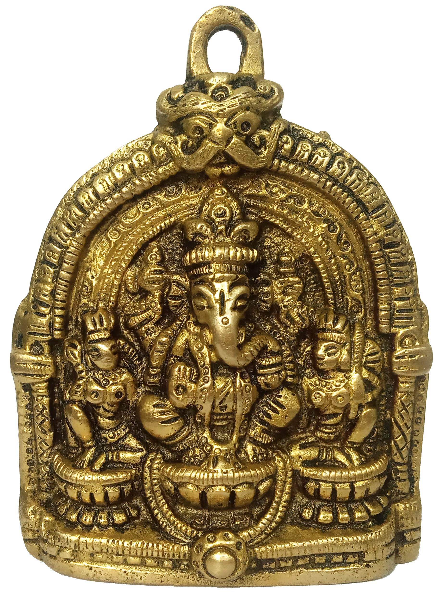 Purpledip Brass Wall Hanging Statue Plaque: Ganesha Ganapathi Vinayak with Riddhi Siddhi (12168)