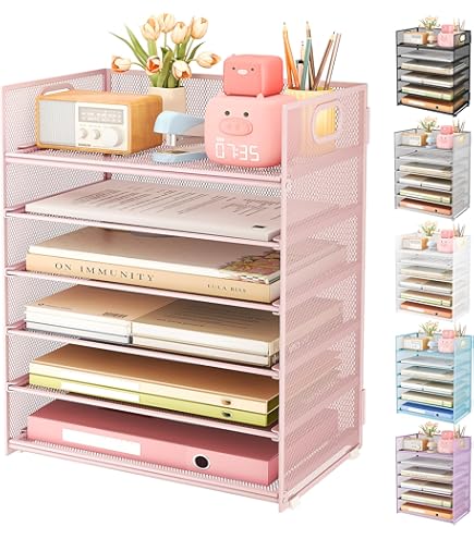 SUPEASY Organizador De Escritorio 6 Niveles Con 4 Portalápices Y Asa: Malla De Acero Para Oficina, Hogar, Archivos A4 (Rosa)