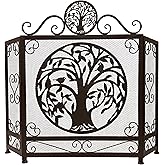 BestGiftEver 3-Panel Fireplace Screen Decorative with Tree of Life Accent - Brown Rustic Style - Stand Alone Fireplace Cover 