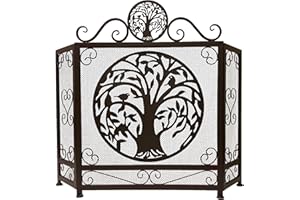 BestGiftEver 3-Panel Fireplace Screen Decorative with Tree of Life Accent - Brown Rustic Style - Stand Alone Fireplace Cover Metal Mesh Screen - Home Decorative Firescreen for Rustic and Modern Style
