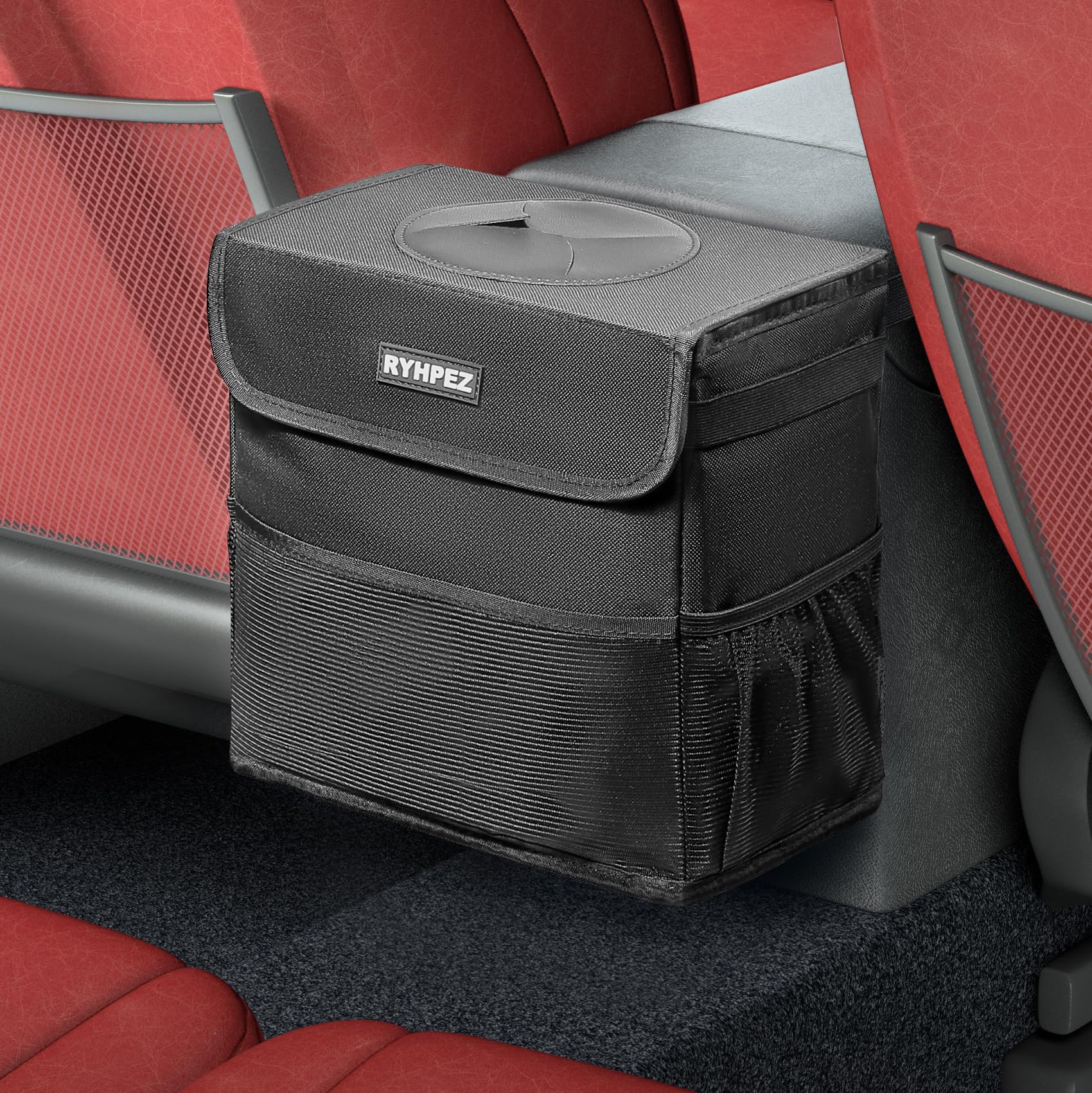 Photo 1 of Ryhpez Car Trash Can with Lid - Car Accessories for Women Men, Vehicle Trash Bin Storage Bag, Truck Garbage Can Foldable with Metal Rack Support for Back Seat Hanging (2.4 Gallon/9L)