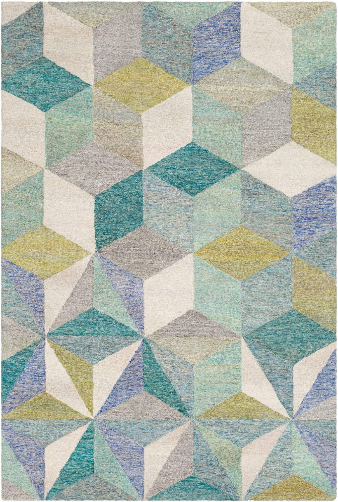 Tiwari Home 8' x 10' Geometric Patterned Gray and Teal Green Rectangular Area Throw Rug