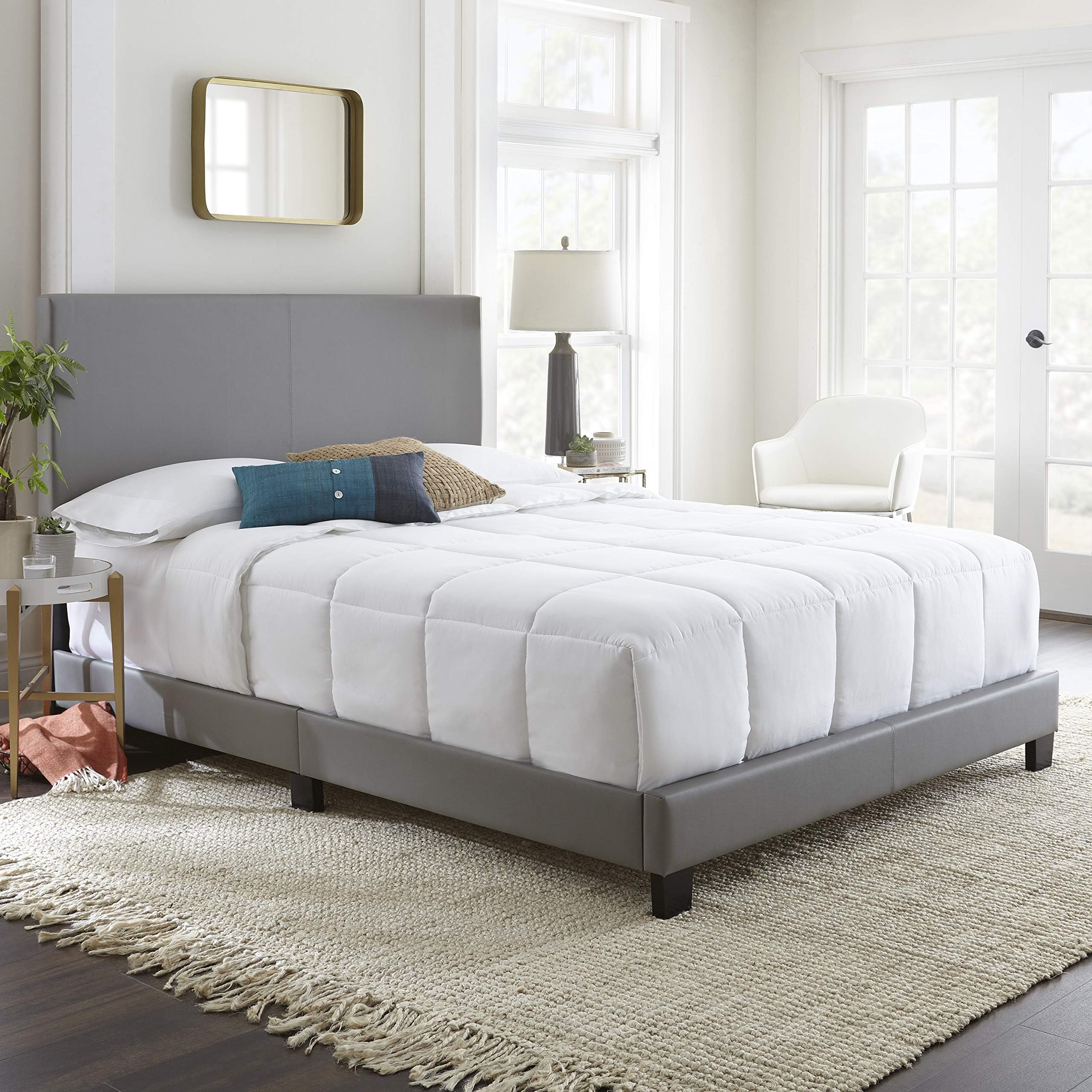 Boyd Sleep Montana Upholstered Platform Bed Frame Mattress Foundation with Headboard and Strong Wood Slat Supports: Faux Leather, Grey, Queen