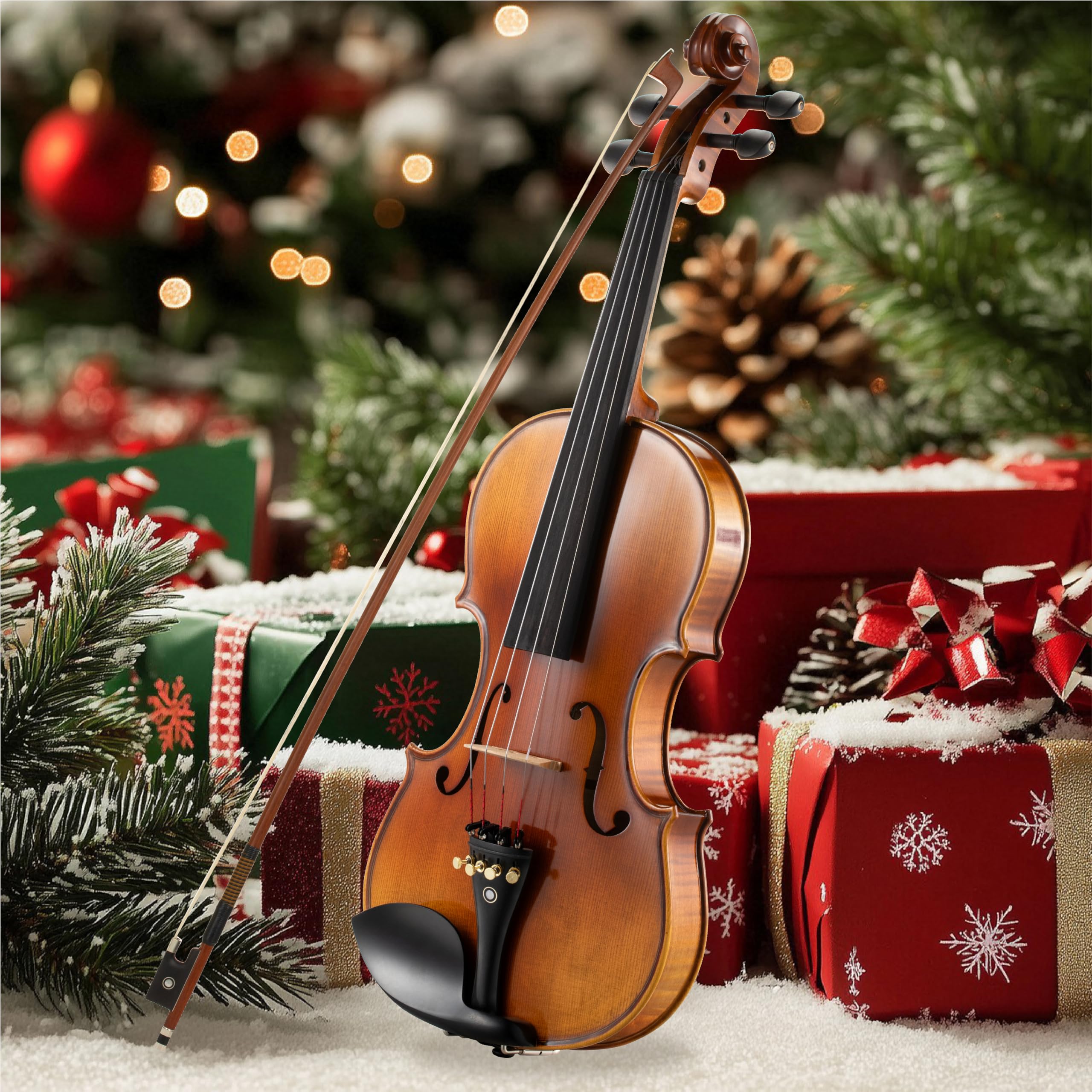 Cecilio Violin 4/4 Full Size Kit Hand Oil Rub Highly Flamed 1-Piece Back Solidwood Violin with D'Addario Prelude Strings, Size 4/4 (Full Size)