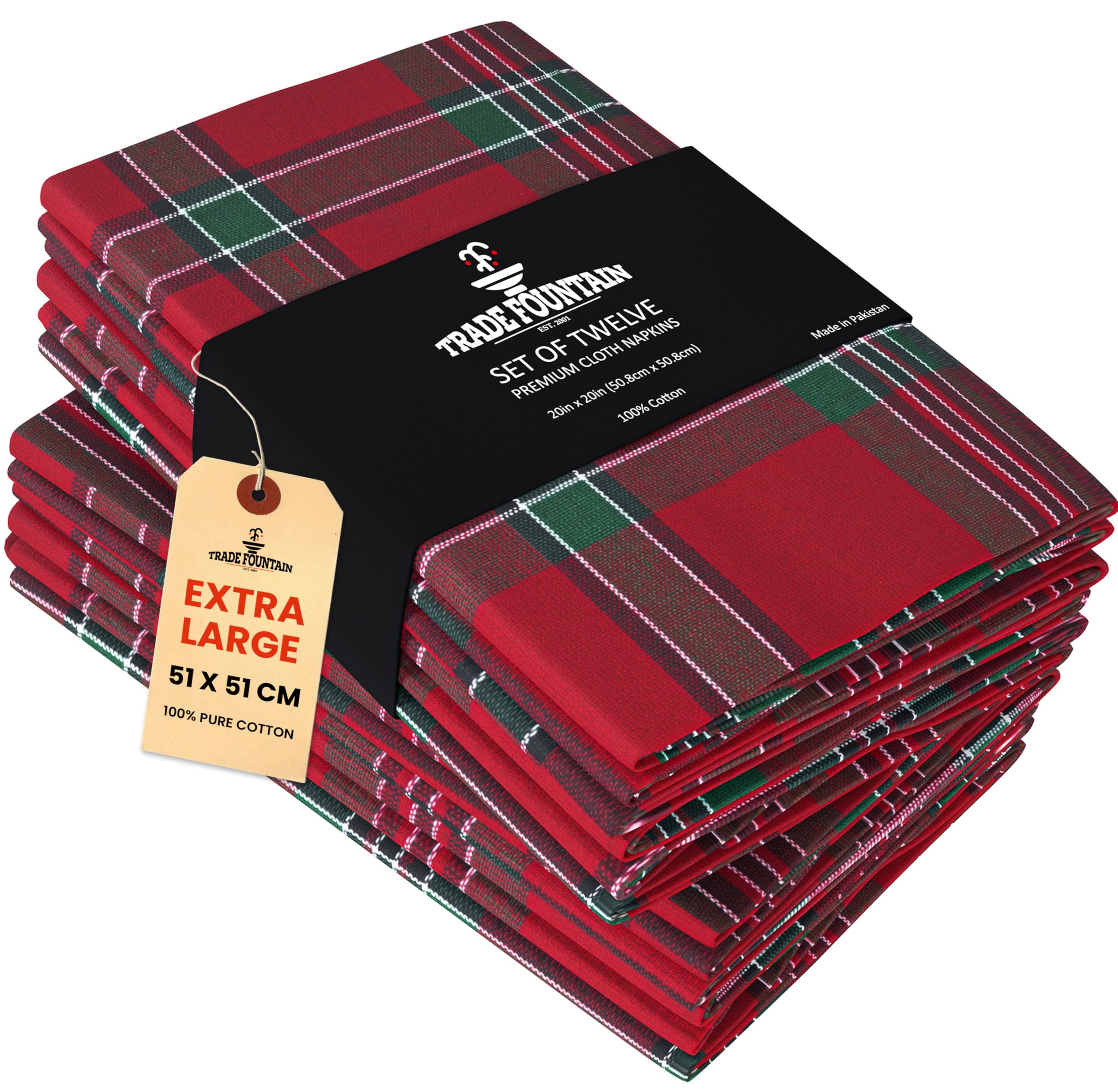Trade Fountain Plaid Cotton Cloth Napkins [12 Pack] – Extra Large 51 x 51 cm Reusable & Washable Dinner Napkins | Fabric Table Serviettes for Home, Parties, Weddings & Christmas Events