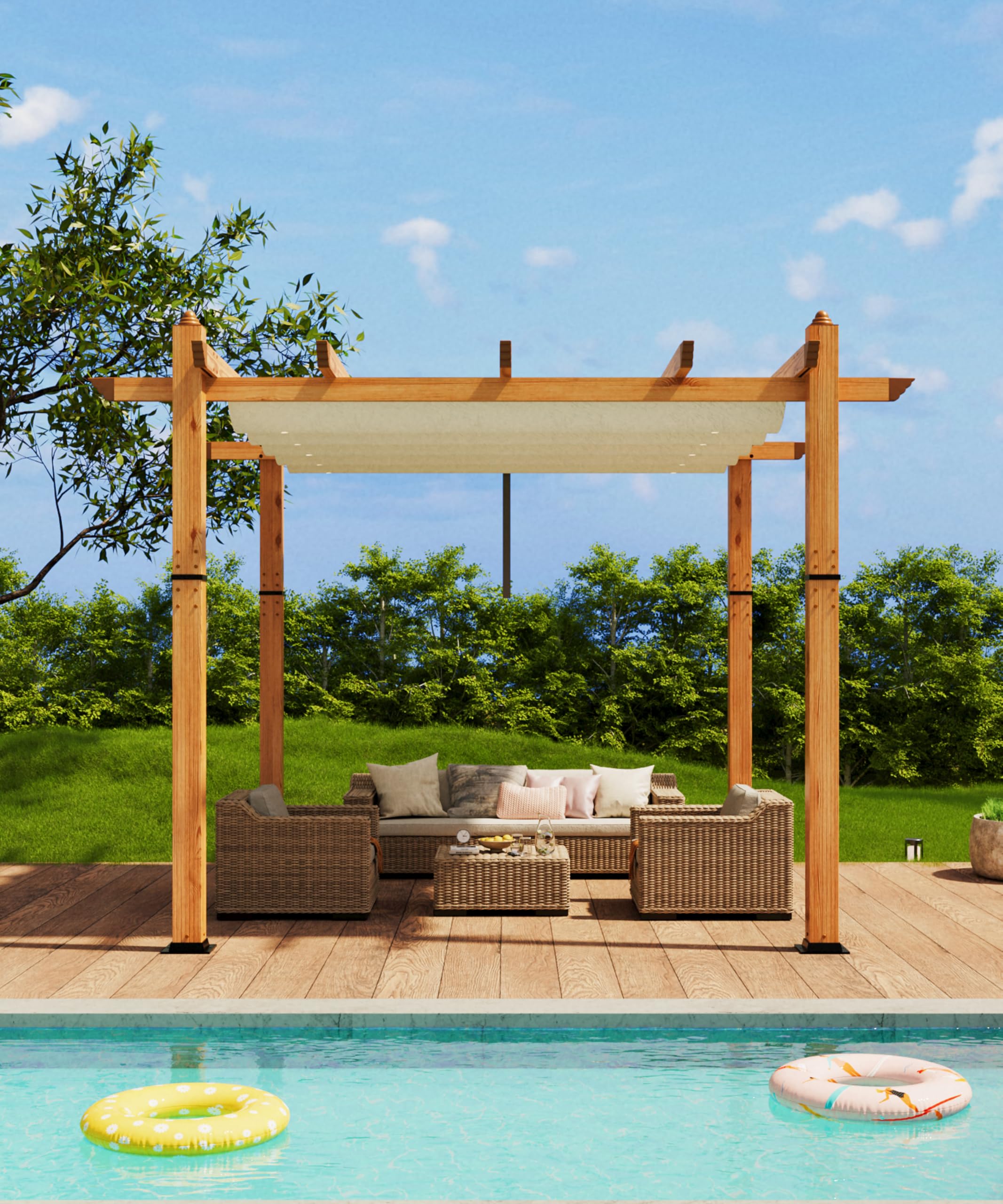 Photo 1 of GarveeLife 10 x 10 ft Wood-Grain Aluminum Pergola Outdoor Pergola with Retractable Canopy Sun Shade Shelter for Garden, Patio, Backyard, Deck - Beige