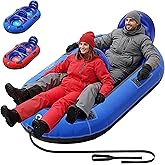 QPAU 2-Person Inflatable Snow Tube with Dual Backrests & Tow Rope, Heavy Duty Canvas-Covered Blow Up Snow Sled with Handles,