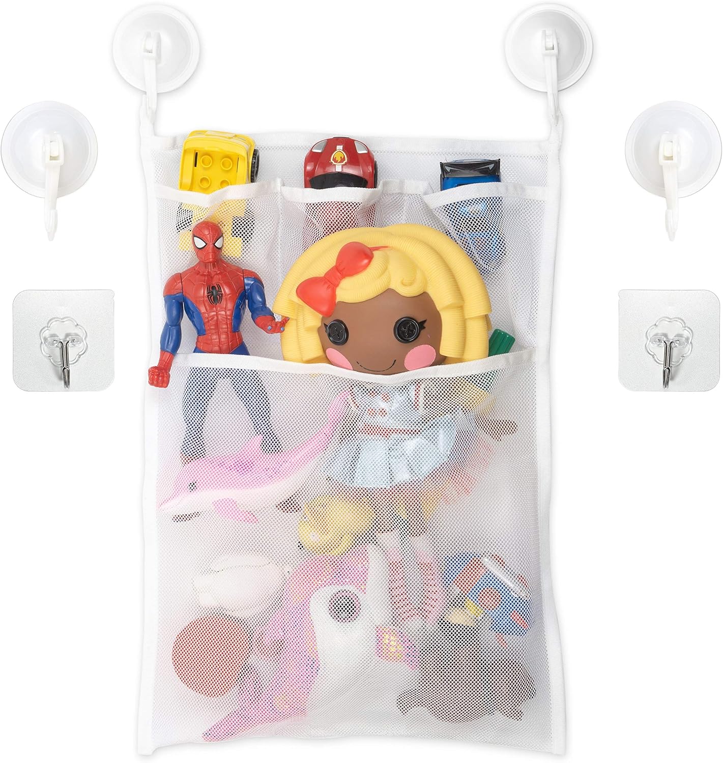 Bathroom Toy Storage, Organiser Net with 4 x Suction Cup Hooks and 2 x Adhesive Hooks, Baby Bath Toys Organiser
