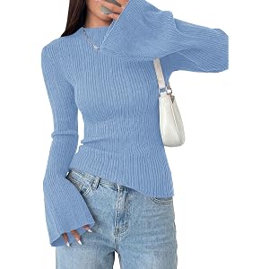 PRETTYGARDEN Womens Bell Long Sleeve Tops Mock Neck Sweaters | Going Out Tops, Slim Fitted, Ribbed Knit Pullover, Soft Lightw