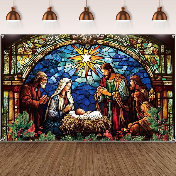 Telón De Fondo Para Belén Navideño - 2.1 X 1.52 M - Estrellas, Familia Sagrada Y Reyes - Tela De Poliéster Lavable