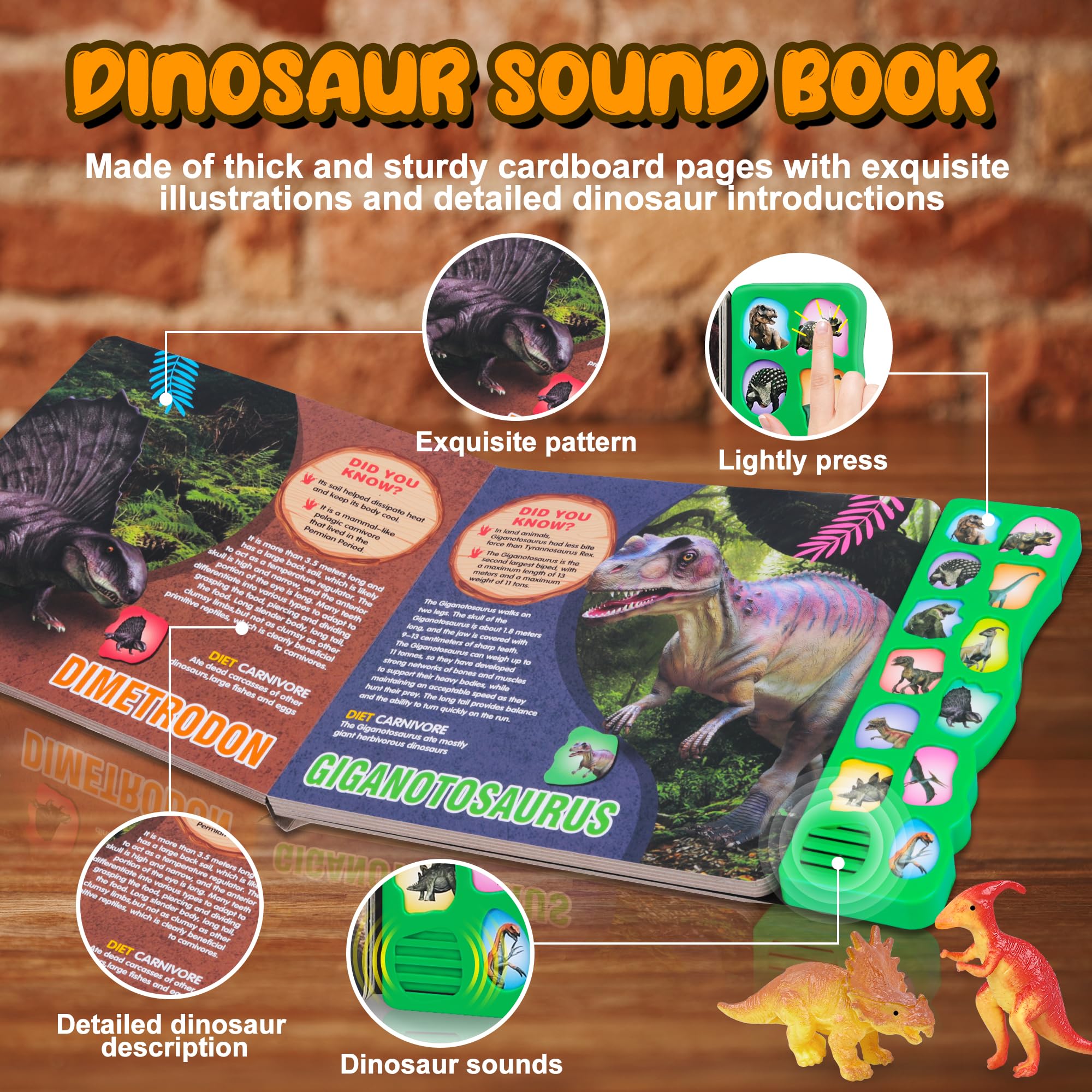 Dinosaur Toys,Dinosaur Sound Book with Pack of 12 Toy Figures,Realistic Roars,Interactive Perfect for Kids Dinosaurs Educational Toys for 3 4 5 6Year Old Boys&Girls