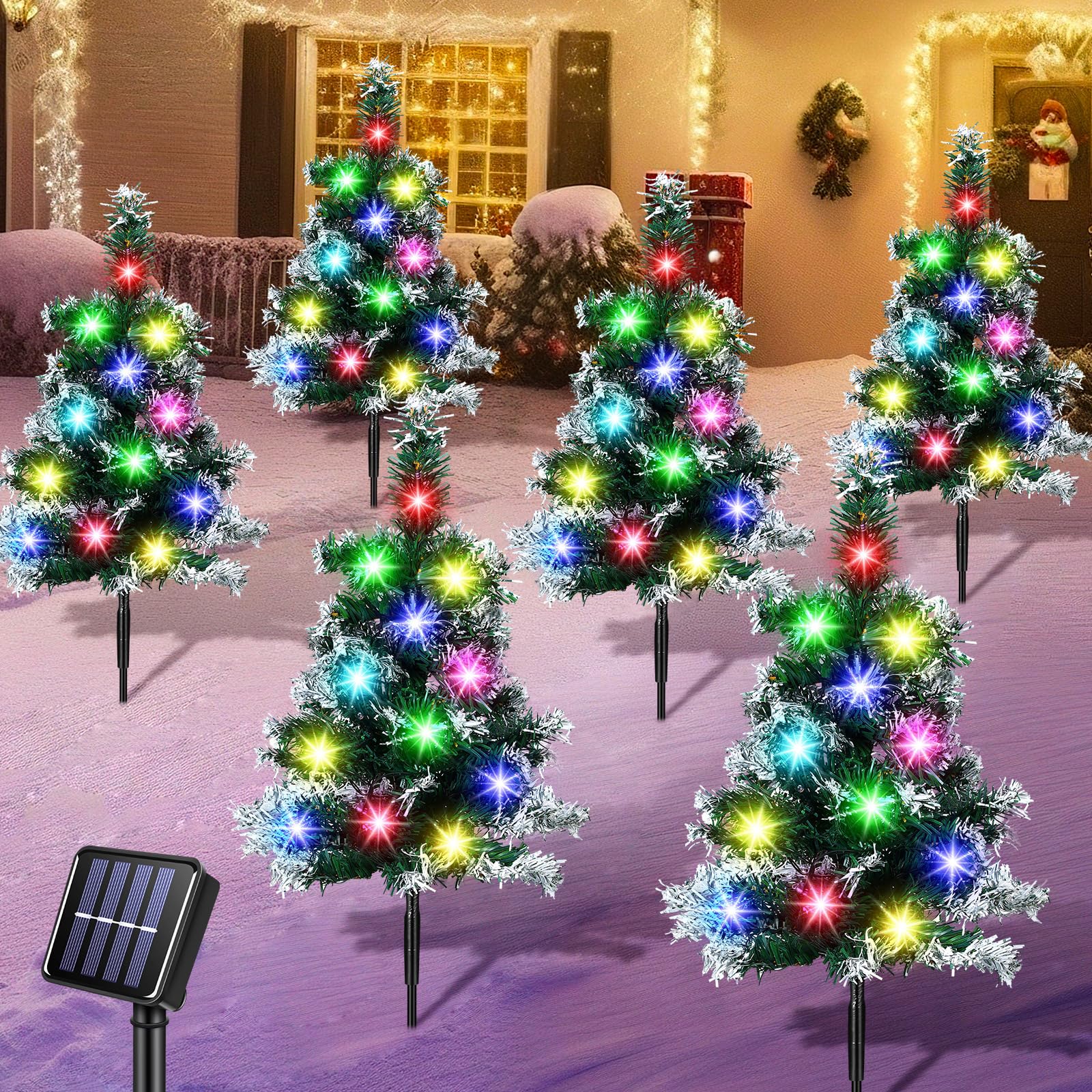 Photo 1 of Simgoing 6 Pack Solar Christmas Tree Stake Lights Christmas Outdoor Decorations Yard Garden Stake Lights Snow Christmas Tree Stakes Powered with 1 Pack Battery for Pathway Porch Christmas Cemetery