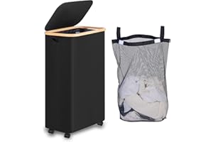 iEGrow 75L Slim Laundry Hamper with Wheels,Clothes Hamper for Laundry,Laundry Basket with Lid & Inner Bag,for Laundry Room, Bedroom, Dormitory Organization,Black