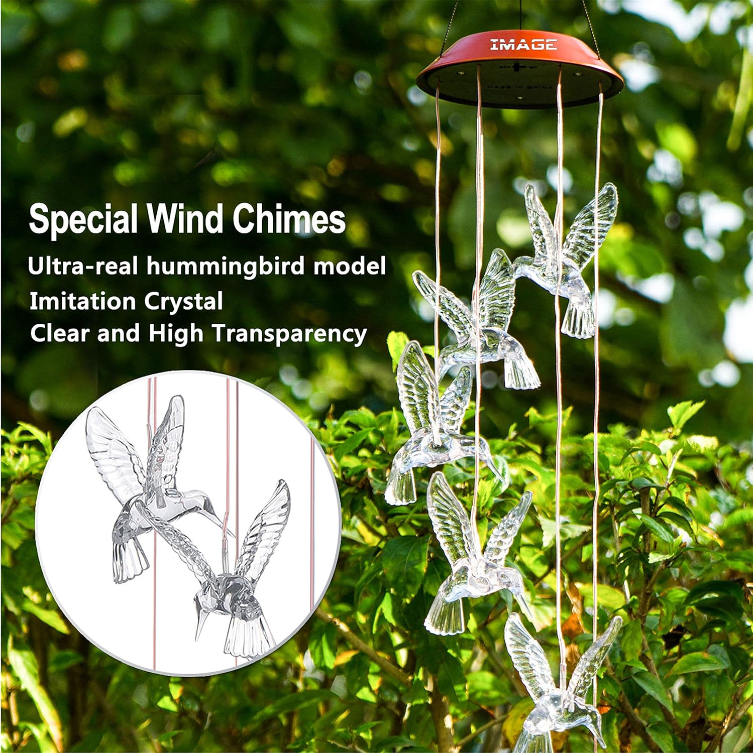 IMAGE Wind Chimes Solar Hummingbird Wind Chime Color Changing Lights Outdoor Solar Lights Hanging Decorative Garden Lights Xmas Gifts for Decor Home Garden Patio Yard Indoor Outdoor : Garden & Outdoor