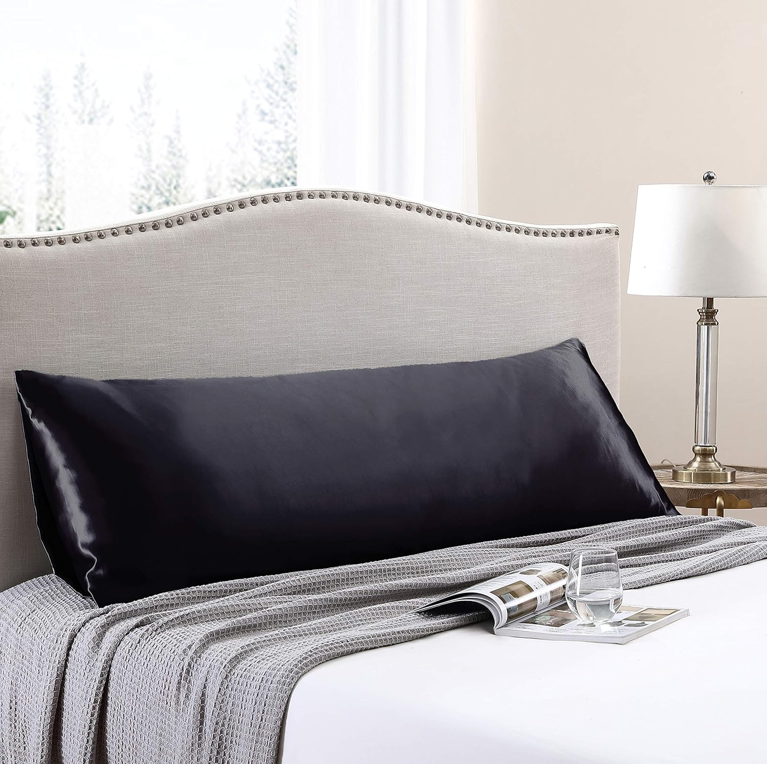 Love's cabin Body Pillow Cover, 20x54 inches Black Soft Satin Body Pillow case with Envelope Closure, Silky Slip Cooling Body Pillow Pillowcases for Hair and Skin