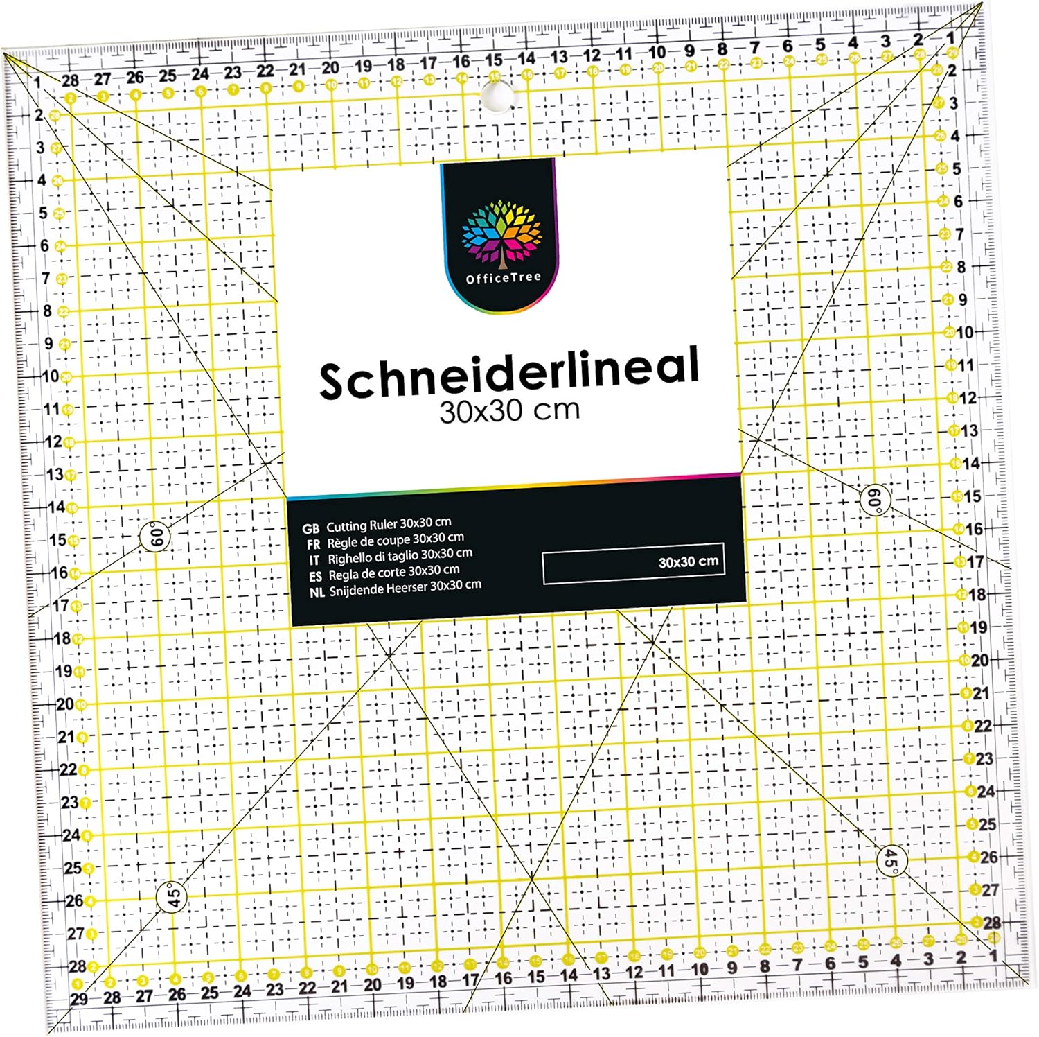OfficeTree Schneiderlineal - 30 x 30 cm - Patchworklineal Lineal zum Nähen mit exakten Abmessungen und Zuschnitten