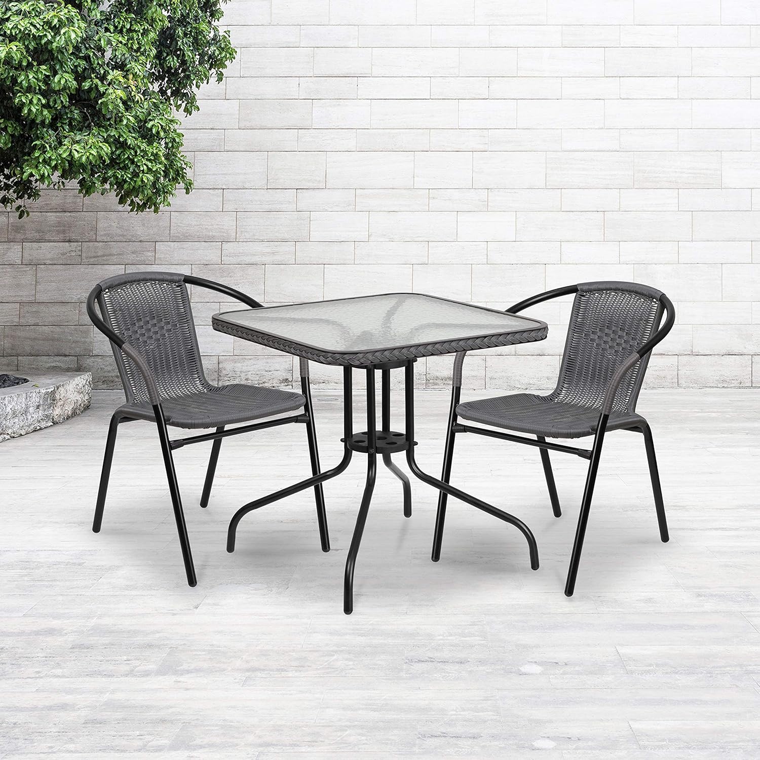 Flash Furniture 28'' Square Tempered Glass Metal Table with Dark Brown Rattan Edging: Kitchen & Dining