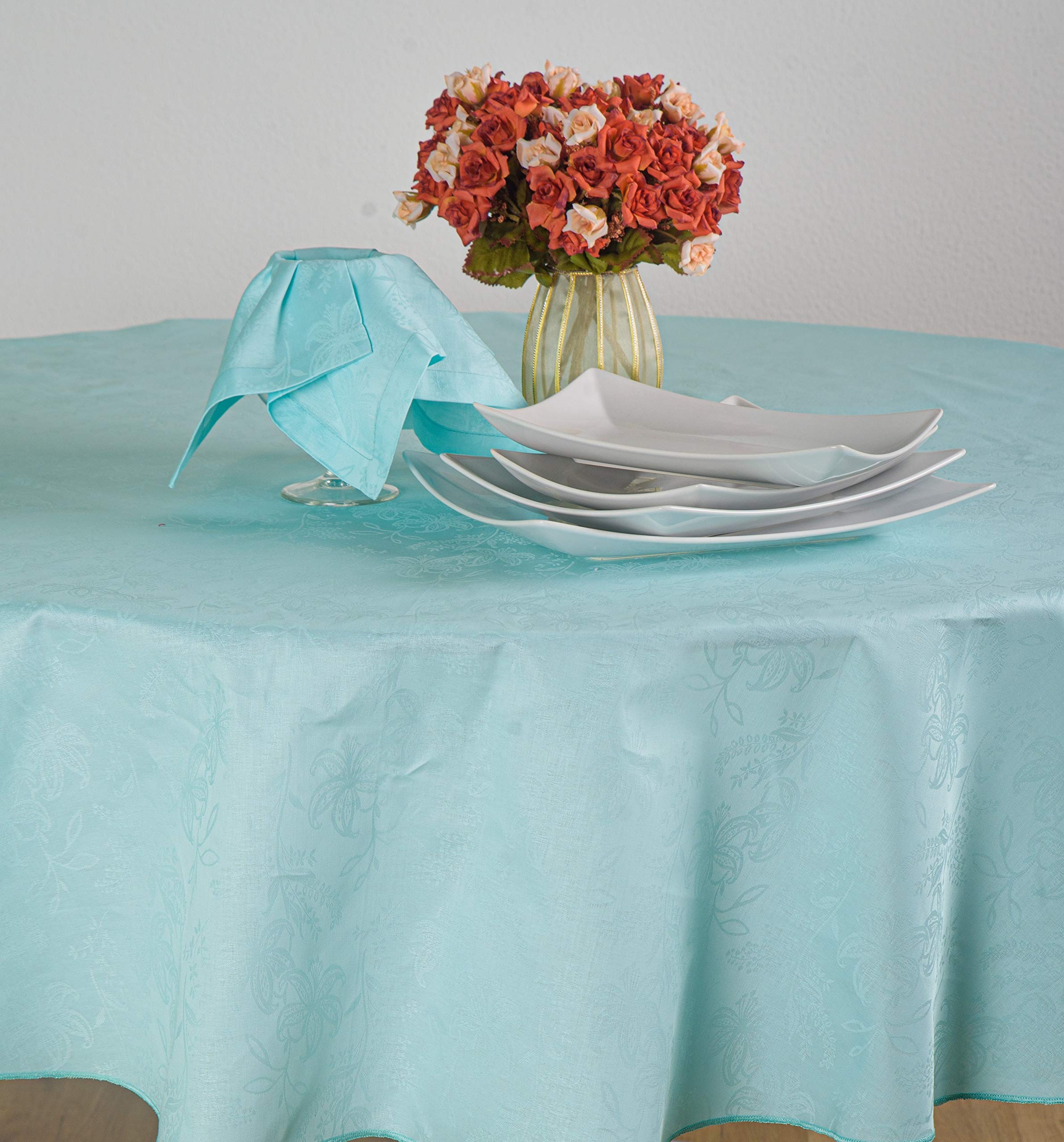 ESSE HOME - Confestyl - Tablecloth with 8 Napkins (Table Service) - Oval - Flanders Jacquard Pure Cotton - Handmade Product - Iris 598 (Oval 170 x 220, Green Serving)