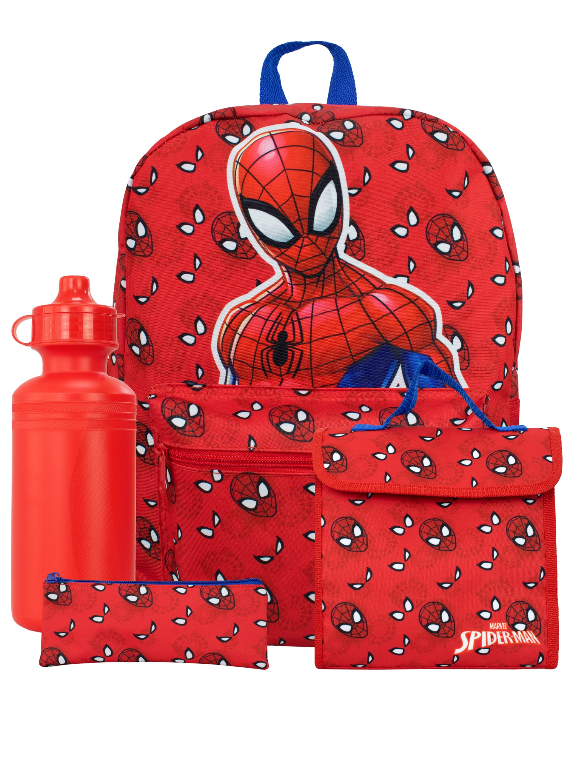 Marvel Kids Spiderman Backpack | 4 Piece Spiderman School Bag Set I Spider-Man Lunch Box And Bottle With Pencil Case | Red