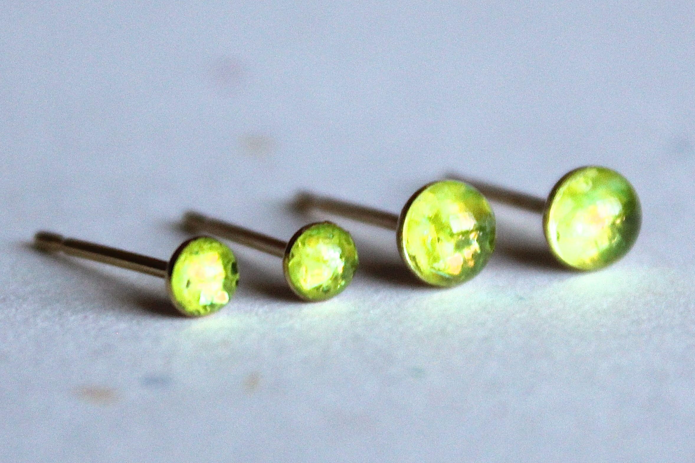 Chartreuse Opalescent Tiny Stud Earrings Double Set, 21g: 1.5mm, 2mm, 3mm , 4mm, 5mm, 6mm Sizes; 316L Surgical Steel, 304 Stainless Steel; Ball, Dome, Bezel, 3-Prong Talon Claw Setting