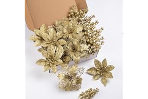 Choonshow 24Pcs Gold Glitter Poinsettia Christmas Tree Ornaments and Glitter Berries Stems, 16Pcs Christmas Artificial Flower