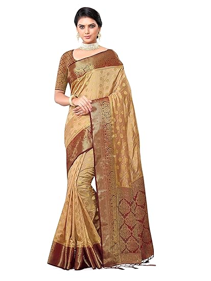 Women's Banarasi Silk Chiku Saree Latest Collection With Unstitched Blouse.