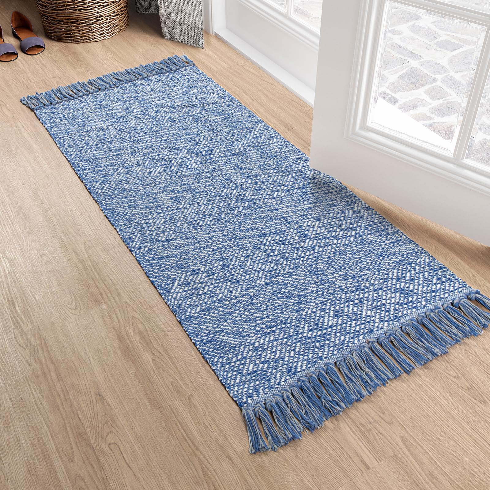 Photo 1 of Collive Kitchen Runner Rug, 2' x 4.3' Hand-Woven Reversible Washable Rug, Navy Blue Cotton Modern Farmhouse Bathroom Rug Hallway Carpet for Foyer Bedroom Entry Back Door Decor