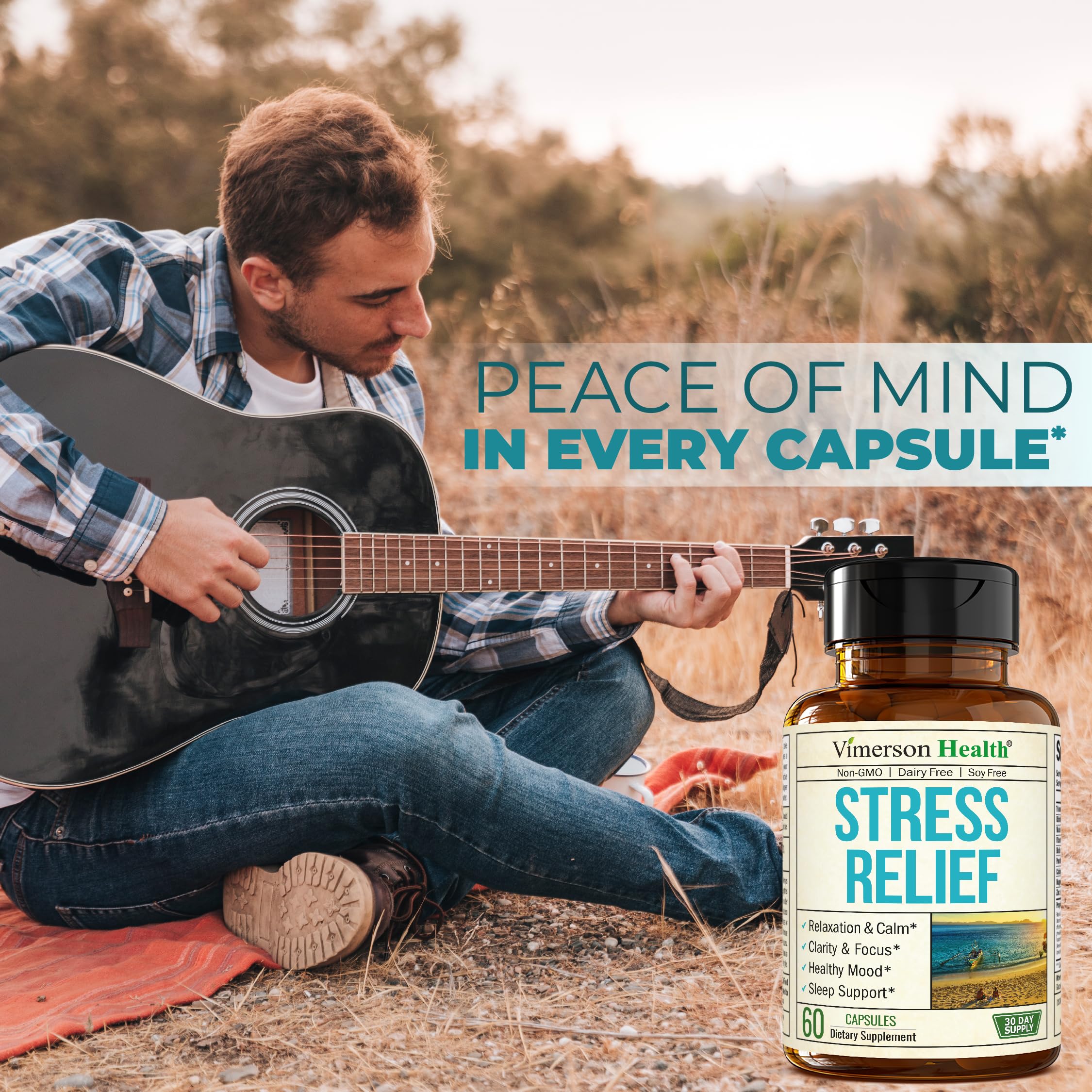 Stress Relief Supplement with 5HTP, Ashwagandha, Valerian, St John’s Wort, GABA, Chamomile & B-Vitamins - Promotes Relaxation, Sleep, Calm & Balanced Mood, Energy & Focus. Vegan, Non-GMO, 60 Capsules