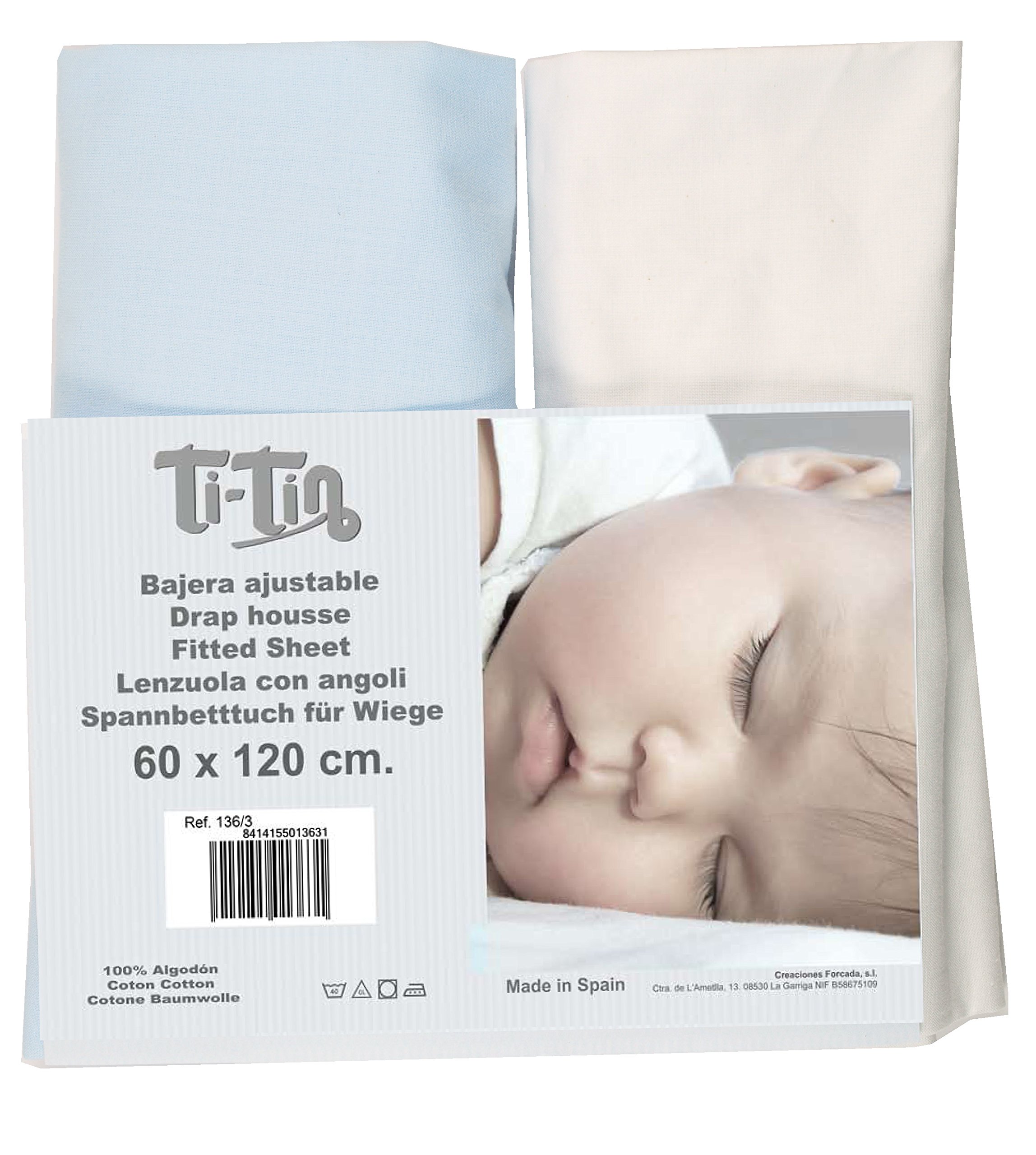 Pack of 2 Fitted Sheets 100% Cotton – 60 x 120 cm – for Bassinet, Mattress, Moses Basket or Mini Cot – White and Sky Blue – Breathable and Easy to Wash