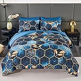 ANGIYUIN 7-Piece Blue Gold Marble Queen Bedding Set, Modern Steel Blue Foil Print with Matched Sheets