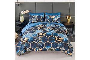 ANGIYUIN 7 Pieces Blue Gold Marble Queen Bedding Sets, 3D Geometric Hexagon Bed Sets Decor Gold Trim Comforter Set Queen, Modern Steel Blue Foil Print Bed Sets with Matched Sheets (Blue Queen)