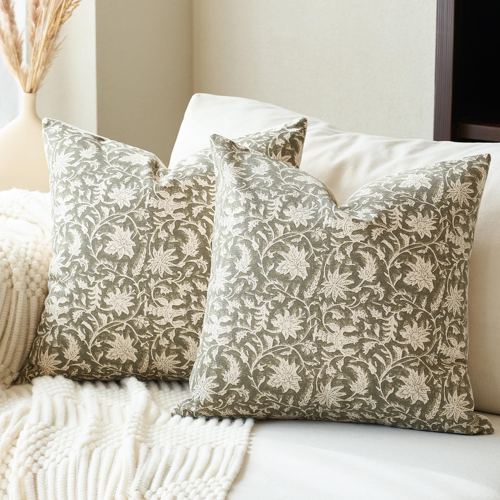 Photo 1 of FIOUOVO Floral Throw Pillow Covers 18x18 Farmhouse Block Print Pillow Covers Decorative Pillow Covers Couch Pillows for Living Room Vintage Accent Sofa Pillows Set of 2, Olive Green