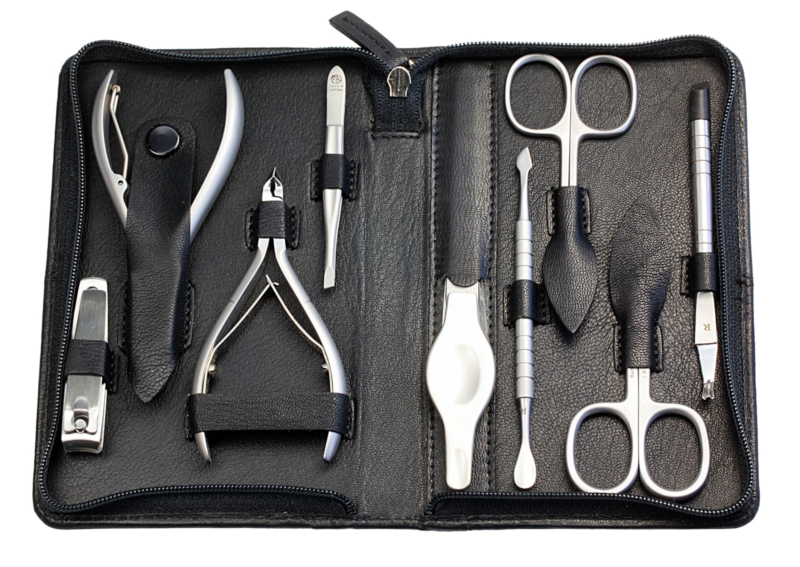 Sonnenschein by Hans Kniebes Manicure Set 9 Pieces Nail Scissors, Cuticle Scissors, Nail Clippers, Cuticle Nippers, Clippers, Tweezers, File, Manicure Case Nappa Sheepskin Black